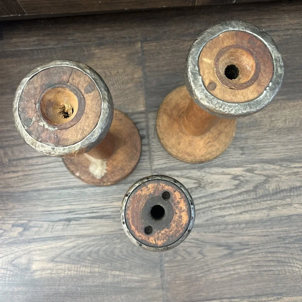 3-Vtg Wood Spool Candle Sticks Metal Accents Rustic Primitive Farmhouse Salvaged